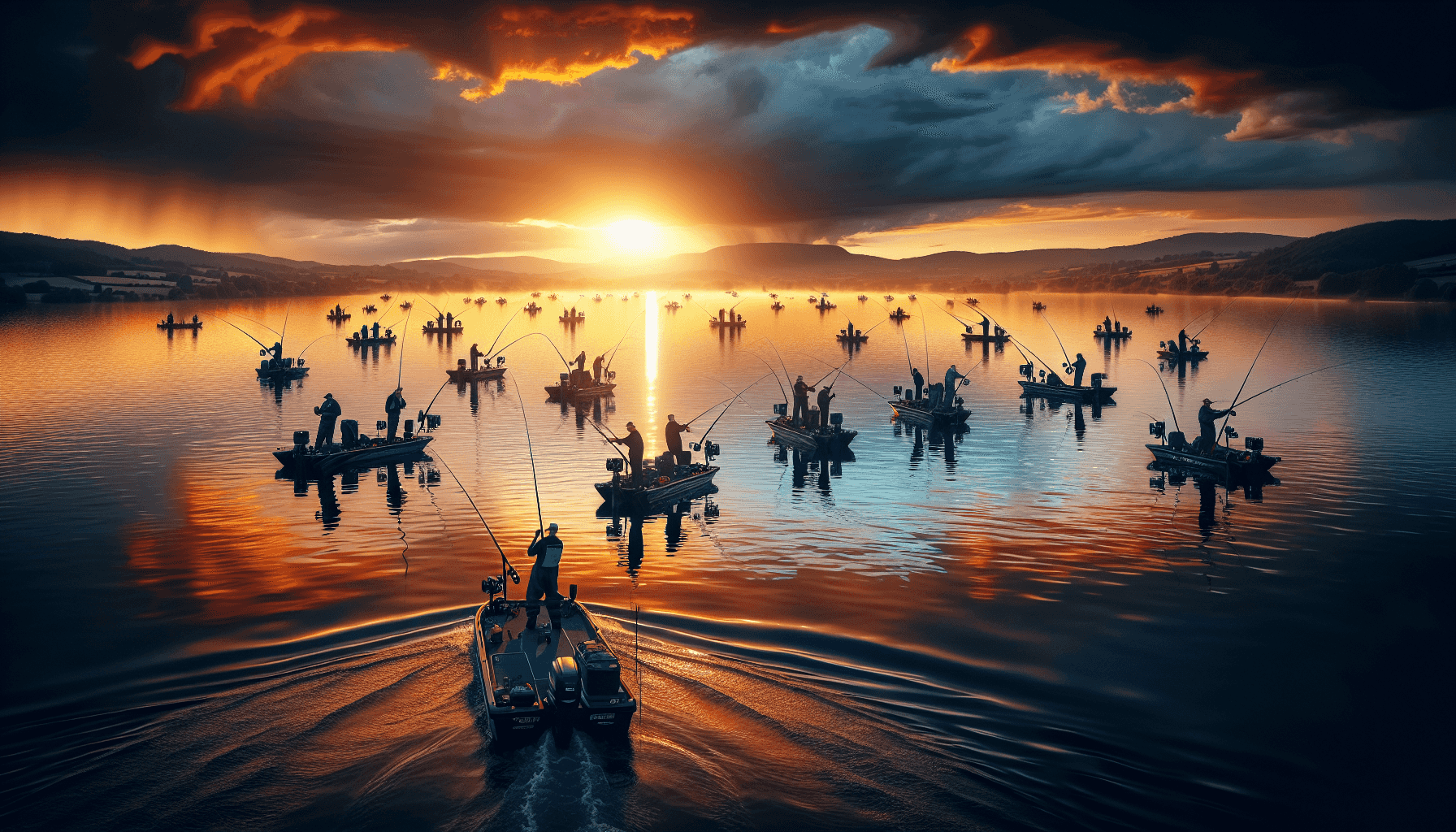 Anglers competing in a fishing contest on a lake