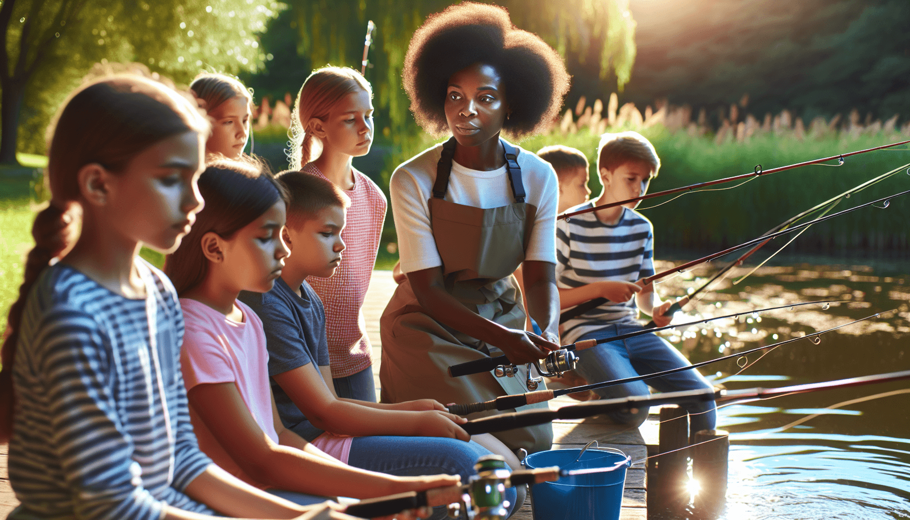 Children learning to fish guided by an instructor